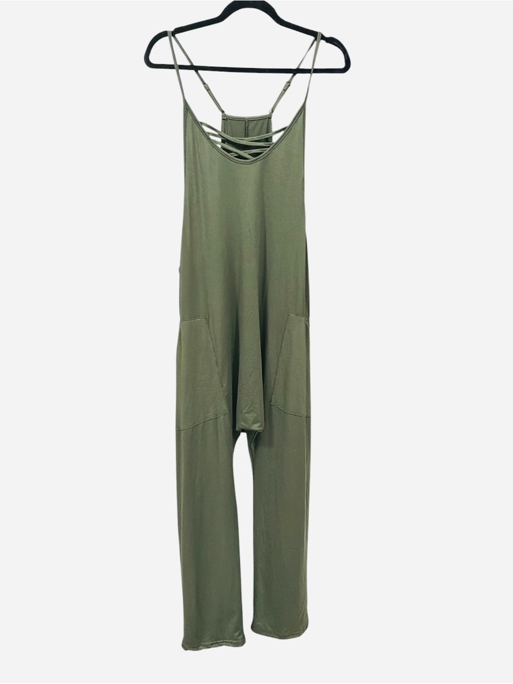 Women’s Olive Green Sleeveless Spaghetti Strap Relaxed Wide Leg Jumpsuit Large